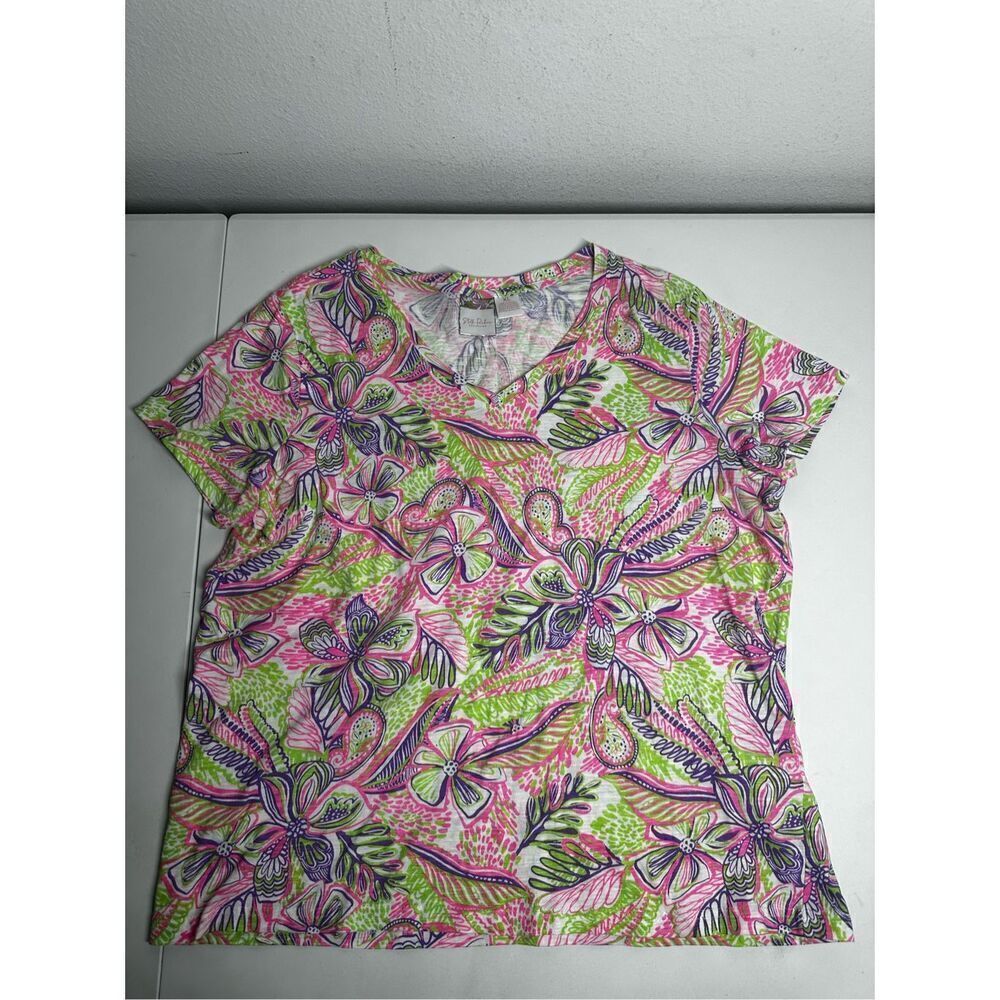 STELLA PARKER Collection Womens Size XL Short Sleeve Floral Cotton T Shirt Pink